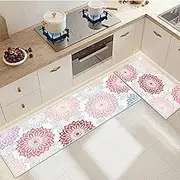 2 Pcs Kitchen Rugs, Pink Floral Floor Mats for Home, Washable Carpet Runner for Kitchen Décor (20”x32”/50x80 cm, 20”x48”/50x122 cm)