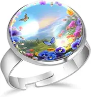 [FVQL] Ring for Women Girls, sunrise pattern flower and butterflies, 1.7cm/0.67inch, Glass, glass