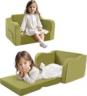 MeMoreCool Fold Out Kids Couch Toddler Chair, Convertible Baby Sofa Recliner for Toddlers 1-4, Comfy Foldable Lounge Chair and Pull Out Bed for Boys and Girls, Green