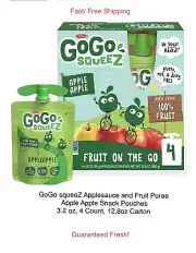 GoGo Squeez Applesauce Snack Pouches, Apple Apple Flavor, 4 Count, 12.8oz Carton