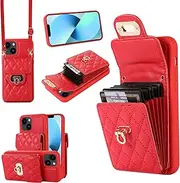 Accordion Wallet Case for iPhone 14 Plus,Leather Phone Cover with 6 Card Slots and Metal Snap, Adjustable Crossbody Lanyard Shockproof Phone Case for Woman(Red)