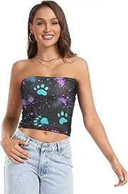 [RPLIFE] Teal Dog Paw Prints Black Summer Tops, Women Strapless Top, Mesh Tube Tops, Trendy Crop Tops (S)