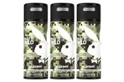 3x Playboy Play It Wild 150ml Deodarant Spray 24h Body Odor Control for Men Him