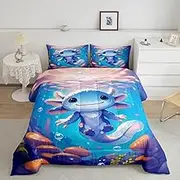 jejeloiu Cute Axolotl Comforter Set Twin Size Kids Kawaii Ocean Sealife Bedding Set for Boys Girls Teens Adults, Salamander Duvet Quilt Breathable Soft Lightweight Blue Room Decor 2Pcs