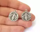 2 Bee Round Honey Dangle Charms Double Sided Antique Silver Plated jewelry Parts