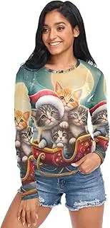 [RPLIFE] Cute Kittens Red Sleigh Mesh Long Sleeve Top, Printed Mesh Top S-XXL