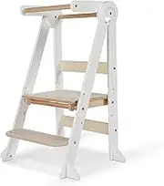 My Duckling Folding Learning Tower,Foldable Toddler Tower,Folding Kitchen Helper, Kids Standing Tower with Folding Step Stool (White/Natural)