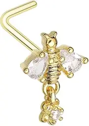 [Pierced Owl] 20GA Gold Plated 316L Stainless Steel Queen Bee with Dangling Gem L-Bend Nose Stud, 20ga, Metal, cubic zirconia
