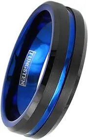 [King's Cross] Gorgeous 6mm/8mm Black Tungsten Ring w/Brilliant Thin Blue Line Stripe & Blue Inner Band (Tungsten (6mm), 11.5)