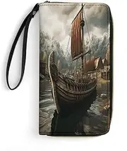 [BFGWK] Large Wallet Novelty Old Viking Boat Printing Long Wallet With Zipper Leather Wallet Suitable For Both Men And Women, style, 19.7x10.5cm, Style, 19.7x10.5cm, 现代