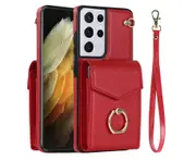 For Samsung Galaxy S21 Ultra Wallet Case with RFID Credit Cards Holder and Wrist Strap - Red