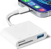 SD Card Reader for iPhone, 3-in-1 Memory Card Reader with USB OTG Camera Adapter Supports SD and TF Card, SD Card Adapter Trail Camera Viewer for iPhone iPad, Plug and Play