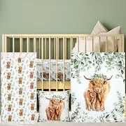 HunnmingRe Baby Highland Cow Crib Bedding Set 3 Pcs Crib Set Baby Blanket, Fitted Sheet, Pillowcase Soft Flannel Nursery Bedding for Standard Infant Bed and Toddler Mattress Newborns Gifts