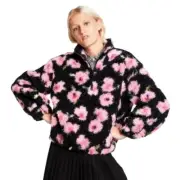 Sandy Liang x Target Black/Pink Floral Print 1/4 Zip Sherpa Jacket Size XXS