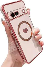 phylla Magnetic Phone Case for Google Pixel 7A 6.1" 5g [ Compatible with MagSafe ] Luxury Plating Cute Love Heart Protective Cover for Women Soft Shockproof Side Heart Pattern Bumper (Pink)