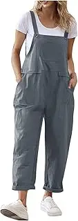 [Generic] Women Casual Loose Dungarees with Pocket Sleeveless Linen Plain Lightweight Button-Down Straps Bib Pants Summer Jumpsuit for Women Grey S, grey, Small
