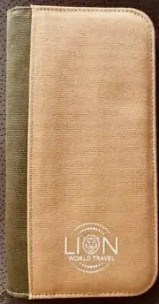 Lion World Travel tan canvas sturdy zippered passport document holder wallet NEW