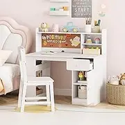 HONEY JOY Kids Desk and Chair Set, Children Study Table with Chair, Hutch & 3-Layer Side Shelf, Storage Cabinet & Pull-Out Drawer, Cork Bulletin Board, Student Writing Desk for Bedroom & Study Room