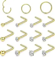 [ZELORES] 20G Nose Rings Stud 316L Stainless Steel Nose Rings Hoop Straight L Shaped Nose Piercing Jewelry Cartilage Earrings Push in Flat Back Nose Studs for Women Men 1.5mm 2mm 3mm