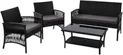 Gardeon 4PCS Outdoor Sofa Set Wicker Harp Chair Table Garden Furniture Black