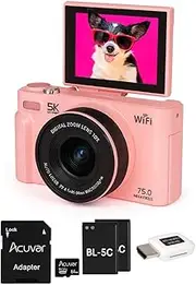 5K Digital Camera for Photography & Video – 75MP UHD Vlogging Camera with WiFi, Autofocus, 3" Flip Screen, 18X Zoom – Compact Travel Camera for YouTube with 64GB SD Card (Starter Kit, Pink)