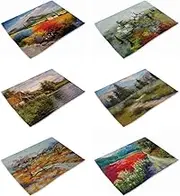 Place Mats Set of 6, Cotton Linen Blend Fabric Red Blue and More Landscape Oil Painting Effect Modern Digital Print Cloth Vintage Rectangular Washable Creative Retro Placemats for the Whole Family