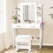 Makeup Vanity Desk with Mirror and Lights, Charging Station, 2 Drawers, Stool, White Dressing Desk with Drawers White Vanity Desk Vanity Combo Womens Vanity for Girls Vanity Mirror 3 Lighting Color