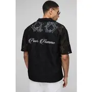 Mens Black Oversized Official Homme Embroidered Open Weave Shirt