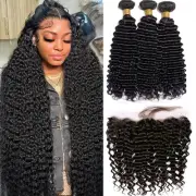Deep Wave Human Hair Bundles with 13X4 Transparent HD Lace Frontal Brazilian Ext