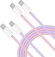 USB C to USB C Cable, 2 Pack 6FT iPhone 16 Charger Cord, 60W Nylon Braided Type C Charger Fast Charging Cable Compatible for iPhone 16/16 Plus/16 Pro/16 Pro Max/15/15 Pro/15 Pro Max, Pink + Purple