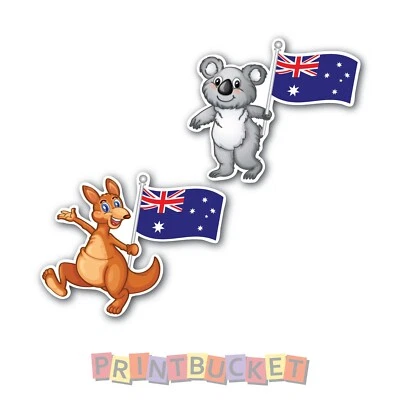 Cute koala, kangaroo & Aussie flag stickers 100mm 2 pack water/fade proof vinyl