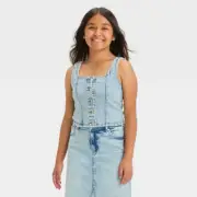 NWT Art Class Girls' Large 10/12 Light Blue Denim Corset Tank Top Button Front