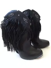 SAM EDELMAN KIANA BLACK LEATHER COWBOY FRINGE STUDDED BOOTS SIZE 9 1/2 M - NEW