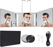 3 Way Makeup Mirror with LED Light Rechargeable and 10X Magnified Mirror, Trifold 3 Way 360 Mirror for Cutting Hair | 3 Mirror Selfcut System- Portable DIY Haircut Tool (3 Way Mirror+LED)