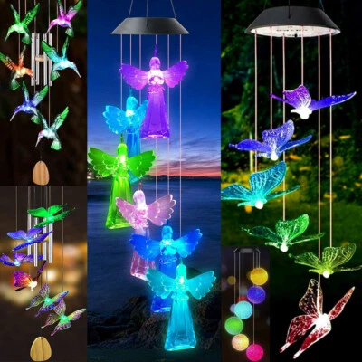 Solar Wind Chimes Lights LED Color Changing Hanging Butterfly Hummingbird Angel