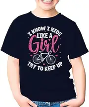 [SDVN] I Know I Ride Like A Girl Try to Keep Up Mountain Bike Biker Cyclist Cycling Unisex Kids Shirt Gift Youth T-Shirt (Navy;M)