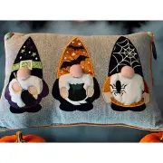 Halloween Gnome Decorative Pillow Plush Embroidered Design Grey Orange NEW