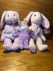 TY BEANIE BABY HIPPITY + FLOPPITY + TY BEANIE BASKET BLOOM EASTER BUNNY MWMT WOW