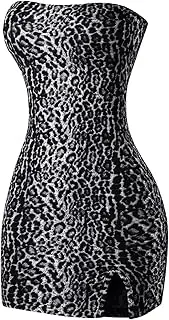 [Floerns] Women's Leopard Print Sleeveless Tube Top Club Dress Split Bodycon Mini Dress