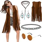Harsever 60s 70s Hippie Costume Set for Women, Hippie Costumes Clothes with Tassel Vest Sunglasses Necklace Earrings Woven Headband Hippie Costume Accessories Set
