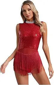 [RUNQHUI] Women Sleeveless Fringed Latin Dance Dress Sequins Tassels Leotards Athletic Bodysuit Dance Tops