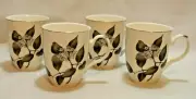 Grace Teaware Gray Floral Porcelain Coffee Mugs Set of Four Gold Trim New