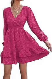 [Aosufei] Women's A-Line Belted Ruffle Hem Dress V-Neck Chiffon Jacquard Dress Long Sleeve Cocktail Dresses