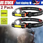 2PCS COB LED Headlamp USB Rechargeable Headlight Torch Work Light Head Band Lamp