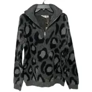 RD Style Womens Pullover Sweater Medium Gray Black Leopard Animal Print 1/4 Zip
