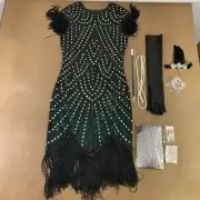 Women's Medium Gold Green Sequin Fringe Flapper Dress & Accessory Set 9 Pieces