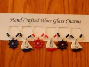 "NAUTICAL SAILBOAT AND STEERING WHEEL " set of 6 wine glass charms drink markers