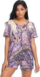 [RPLIFE] Lavender Owls Womans Pajama Set, Women Summer Lounge Set, Lavender Owls, Large