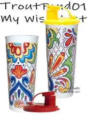 Tupperware 16 Oz Tumbler with Flip Top Seal Lid Talavera Design Red Yellow Set 2