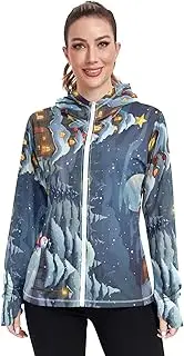 [RPLIFE] Christmas Scene Christmas Tree Snowman Sun Shirt with Hood, Upf 50+ Hiking Hoodie Women, S-XXL